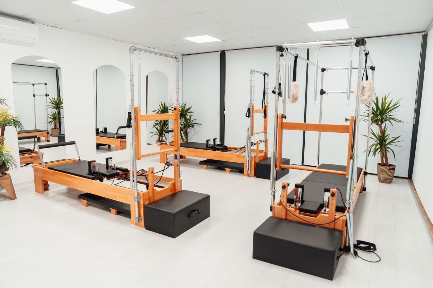 Ambiente claro de um estúdio de pilates com aparelhos e plantas